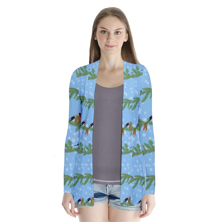 Bullfinches On Spruce Branches Drape Collar Cardigan