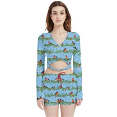 Bullfinches On Spruce Branches Velvet Wrap Crop Top And Shorts Set by SychEva