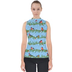 Bullfinches On Spruce Branches Mock Neck Shell Top by SychEva