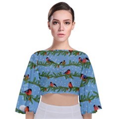 Bullfinches On Spruce Branches Tie Back Butterfly Sleeve Chiffon Top by SychEva