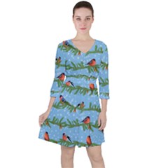 Bullfinches On Spruce Branches Quarter Sleeve Ruffle Waist Dress by SychEva