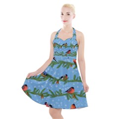 Bullfinches On Spruce Branches Halter Party Swing Dress  by SychEva