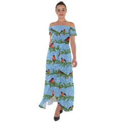 Bullfinches On Spruce Branches Off Shoulder Open Front Chiffon Dress by SychEva