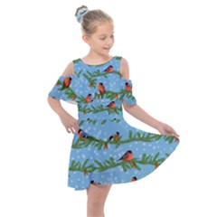 Bullfinches On Spruce Branches Kids  Shoulder Cutout Chiffon Dress by SychEva