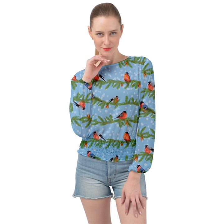 Bullfinches On Spruce Branches Banded Bottom Chiffon Top