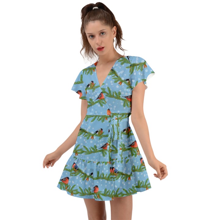 Bullfinches On Spruce Branches Flutter Sleeve Wrap Dress