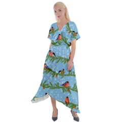 Bullfinches On Spruce Branches Cross Front Sharkbite Hem Maxi Dress by SychEva