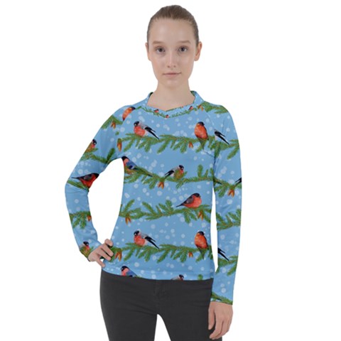 Bullfinches On Spruce Branches Women s Pique Long Sleeve Tee by SychEva