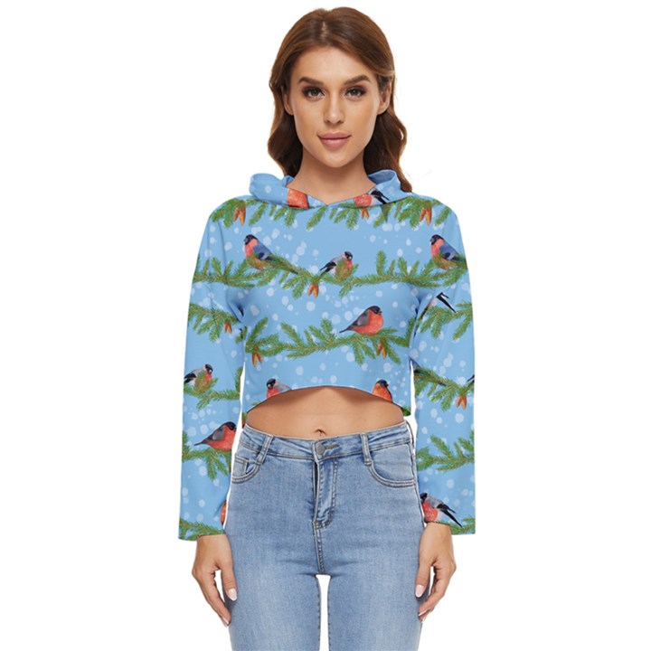 Bullfinches On Spruce Branches Women s Lightweight Cropped Hoodie