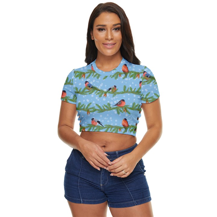 Bullfinches On Spruce Branches Side Button Cropped Tee