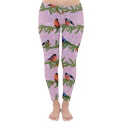 Bullfinches Sit On Branches On A Pink Background Classic Winter Leggings by SychEva