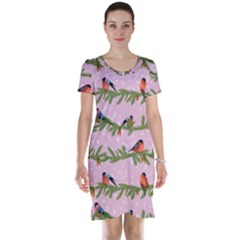 Bullfinches Sit On Branches On A Pink Background Short Sleeve Nightdress by SychEva