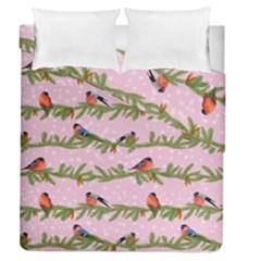 Bullfinches Sit On Branches On A Pink Background Duvet Cover Double Side (queen Size) by SychEva