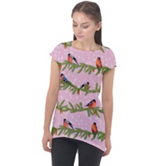 Bullfinches Sit On Branches On A Pink Background Cap Sleeve High Low Top by SychEva