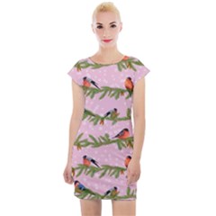 Bullfinches Sit On Branches On A Pink Background Cap Sleeve Bodycon Dress by SychEva