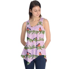 Bullfinches Sit On Branches On A Pink Background Sleeveless Tunic by SychEva