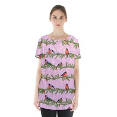 Bullfinches Sit On Branches On A Pink Background Skirt Hem Sports Top by SychEva