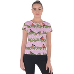 Bullfinches Sit On Branches On A Pink Background Short Sleeve Sports Top  by SychEva