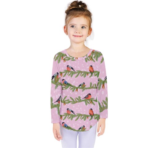 Bullfinches Sit On Branches On A Pink Background Kids  Long Sleeve Tee by SychEva