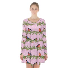 Bullfinches Sit On Branches On A Pink Background Long Sleeve Velvet V-neck Dress by SychEva