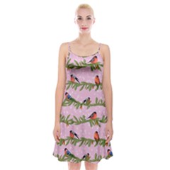 Bullfinches Sit On Branches On A Pink Background Spaghetti Strap Velvet Dress by SychEva