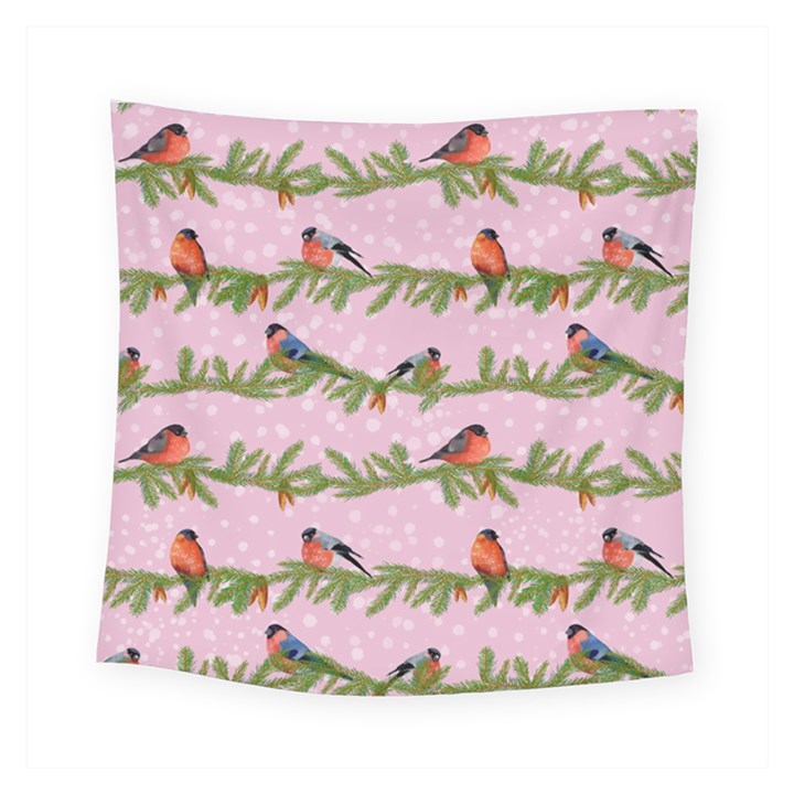 Bullfinches Sit On Branches On A Pink Background Square Tapestry (Small)