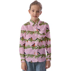 Bullfinches Sit On Branches On A Pink Background Kids  Long Sleeve Shirt by SychEva