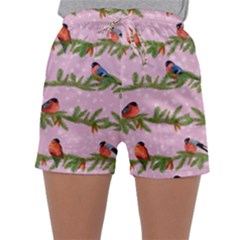 Bullfinches Sit On Branches On A Pink Background Sleepwear Shorts by SychEva