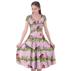 Bullfinches Sit On Branches On A Pink Background Cap Sleeve Wrap Front Dress by SychEva