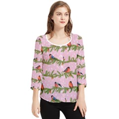 Bullfinches Sit On Branches On A Pink Background Chiffon Quarter Sleeve Blouse by SychEva