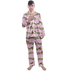 Bullfinches Sit On Branches On A Pink Background Men s Long Sleeve Satin Pajamas Set by SychEva