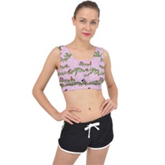 Bullfinches Sit On Branches On A Pink Background V-back Sports Bra by SychEva