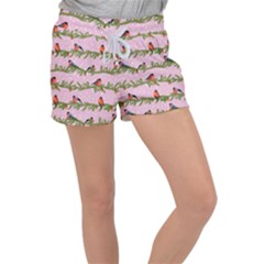 Bullfinches Sit On Branches On A Pink Background Velour Lounge Shorts by SychEva