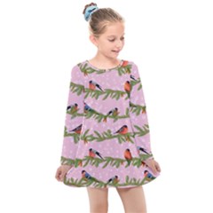 Bullfinches Sit On Branches On A Pink Background Kids  Long Sleeve Dress by SychEva