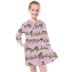 Bullfinches Sit On Branches On A Pink Background Kids  Quarter Sleeve Shirt Dress by SychEva