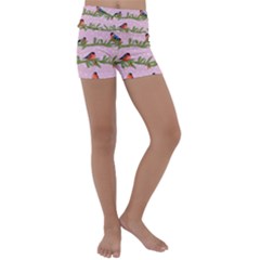 Bullfinches Sit On Branches On A Pink Background Kids  Lightweight Velour Yoga Shorts by SychEva