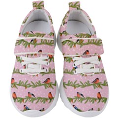 Bullfinches Sit On Branches On A Pink Background Kids  Velcro Strap Shoes by SychEva