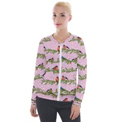 Bullfinches Sit On Branches On A Pink Background Velvet Zip Up Jacket by SychEva