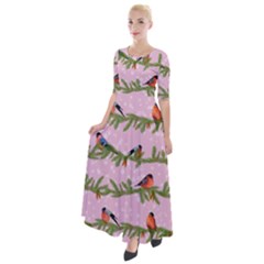 Bullfinches Sit On Branches On A Pink Background Half Sleeves Maxi Dress by SychEva