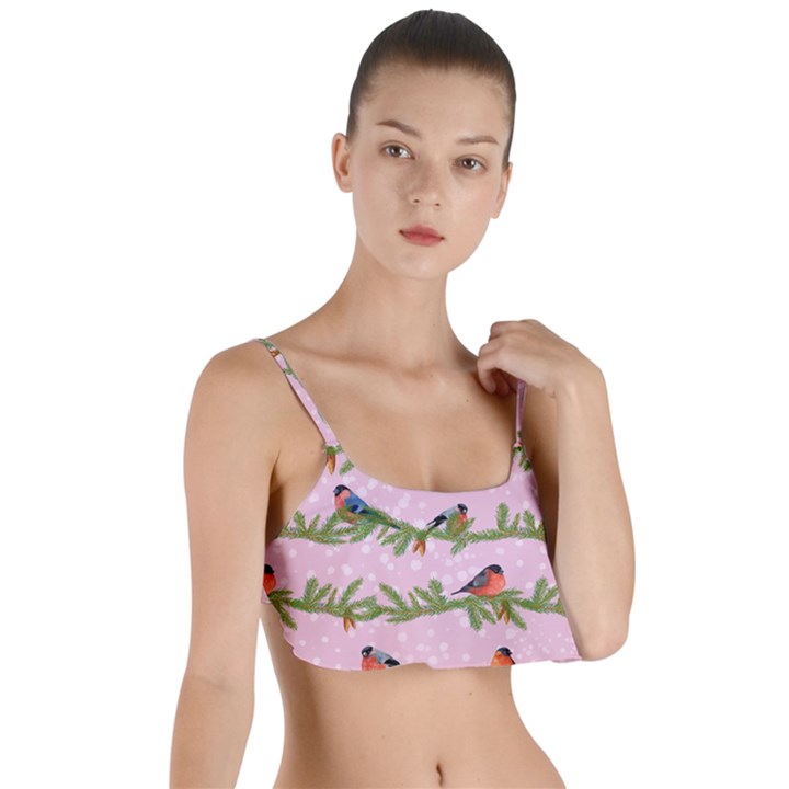 Bullfinches Sit On Branches On A Pink Background Layered Top Bikini Top 