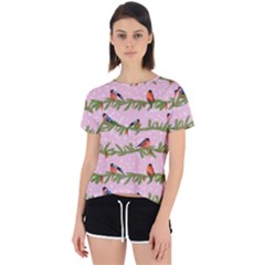 Bullfinches Sit On Branches On A Pink Background Open Back Sport Tee by SychEva