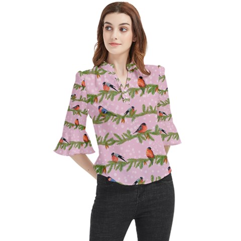 Bullfinches Sit On Branches On A Pink Background Loose Horn Sleeve Chiffon Blouse by SychEva