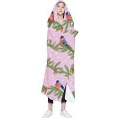 Bullfinches Sit On Branches On A Pink Background Wearable Blanket by SychEva