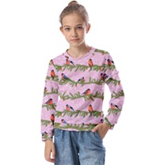 Bullfinches Sit On Branches On A Pink Background Kids  Long Sleeve Tee With Frill 