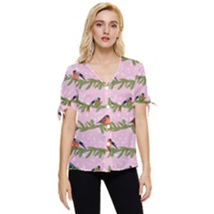 Bullfinches Sit On Branches On A Pink Background Bow Sleeve Button Up Top by SychEva