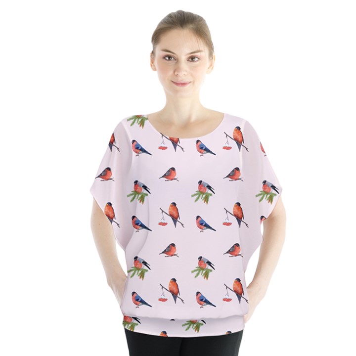 Bullfinches Sit On Branches Batwing Chiffon Blouse