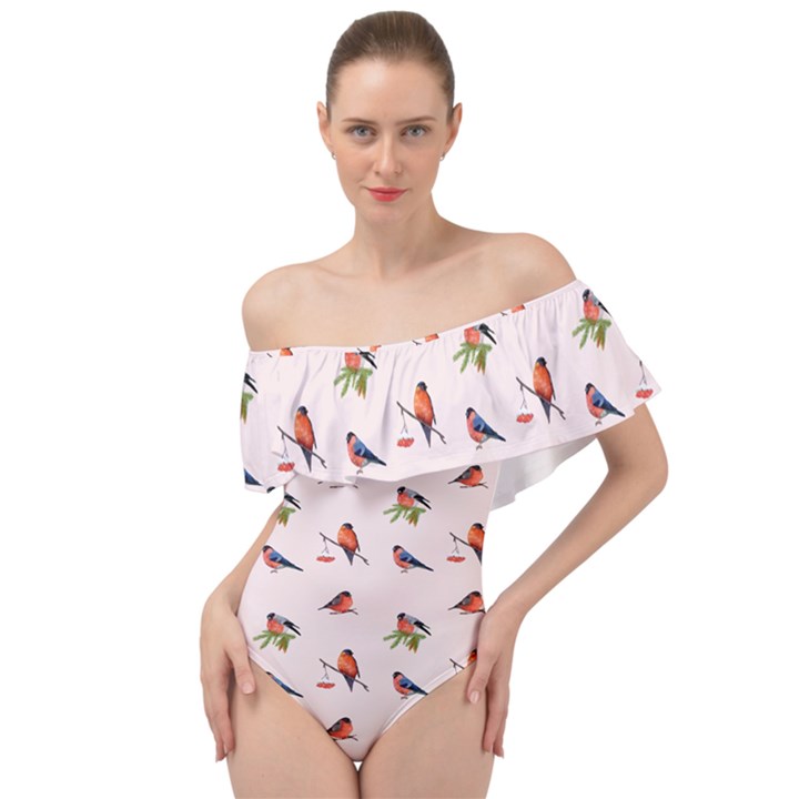 Bullfinches Sit On Branches Off Shoulder Velour Bodysuit 