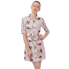 Bullfinches Sit On Branches Belted Shirt Dress by SychEva