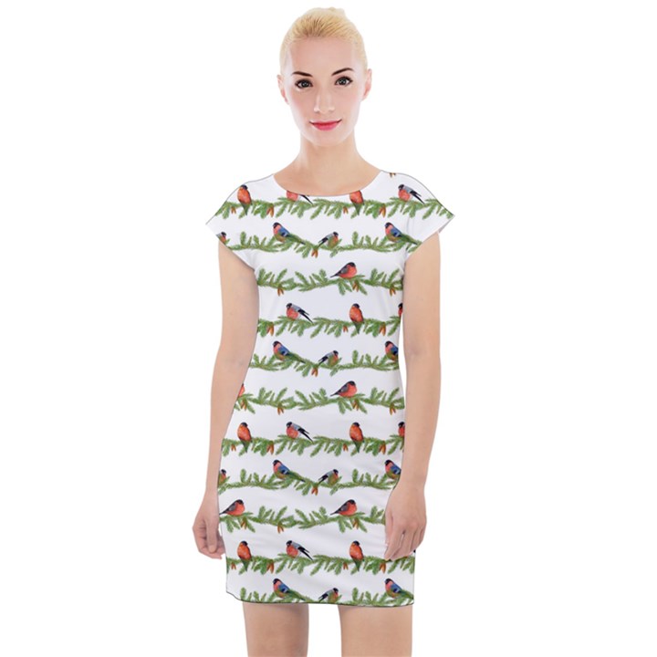 Bullfinches On The Branches Cap Sleeve Bodycon Dress