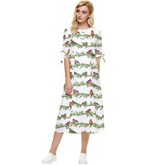 Bullfinches On The Branches Bow Sleeve Chiffon Midi Dress